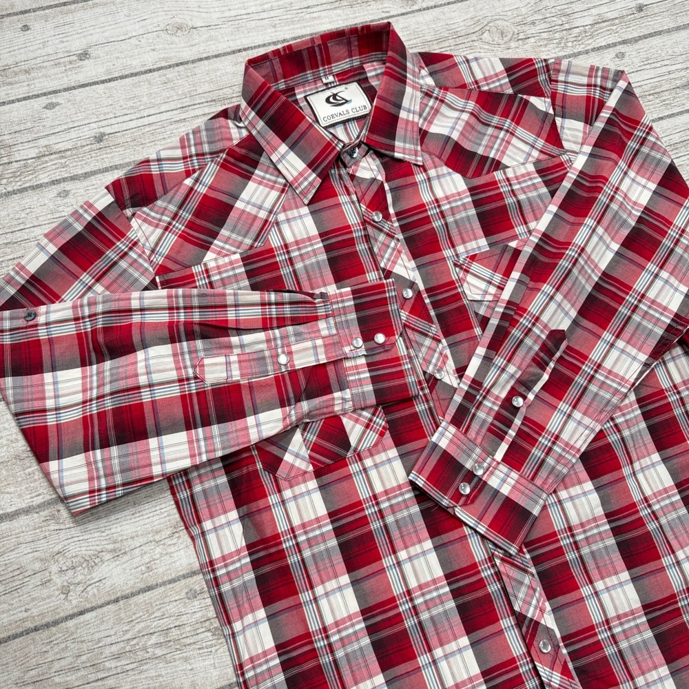 Coevals Club Shirt Men's Medium Red Plaid Pearl Snap Long Sleeve Cowboy Western